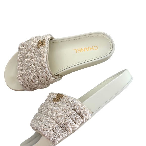 Chanel White Beaded Braided Sandal Slides - Picture 5 of 9
